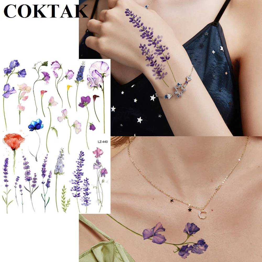 COKTAK Sexy Watercolor Lavender SweetPeas Flower Blossom Temporary Tattoos Sticker Fake Tattoo For Women Girl Art Daisy Tatoos