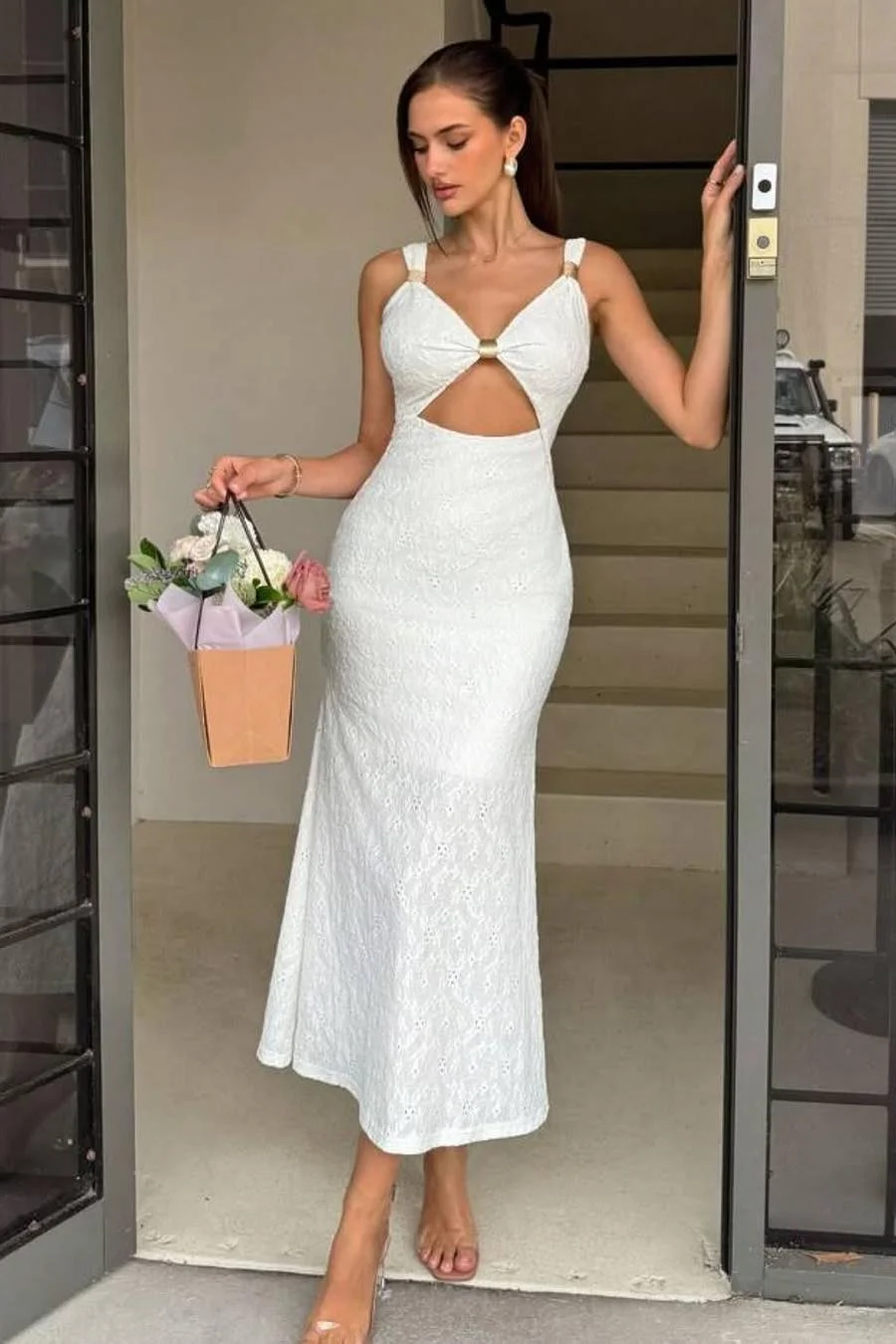 Miabel Exquiste White Spaghetti Strap V Neck Sleeveless Pleated Prom Dress 