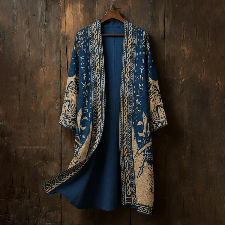Men's Retro Viking Rune And Wolf Print Casual Blend Long Cardigan