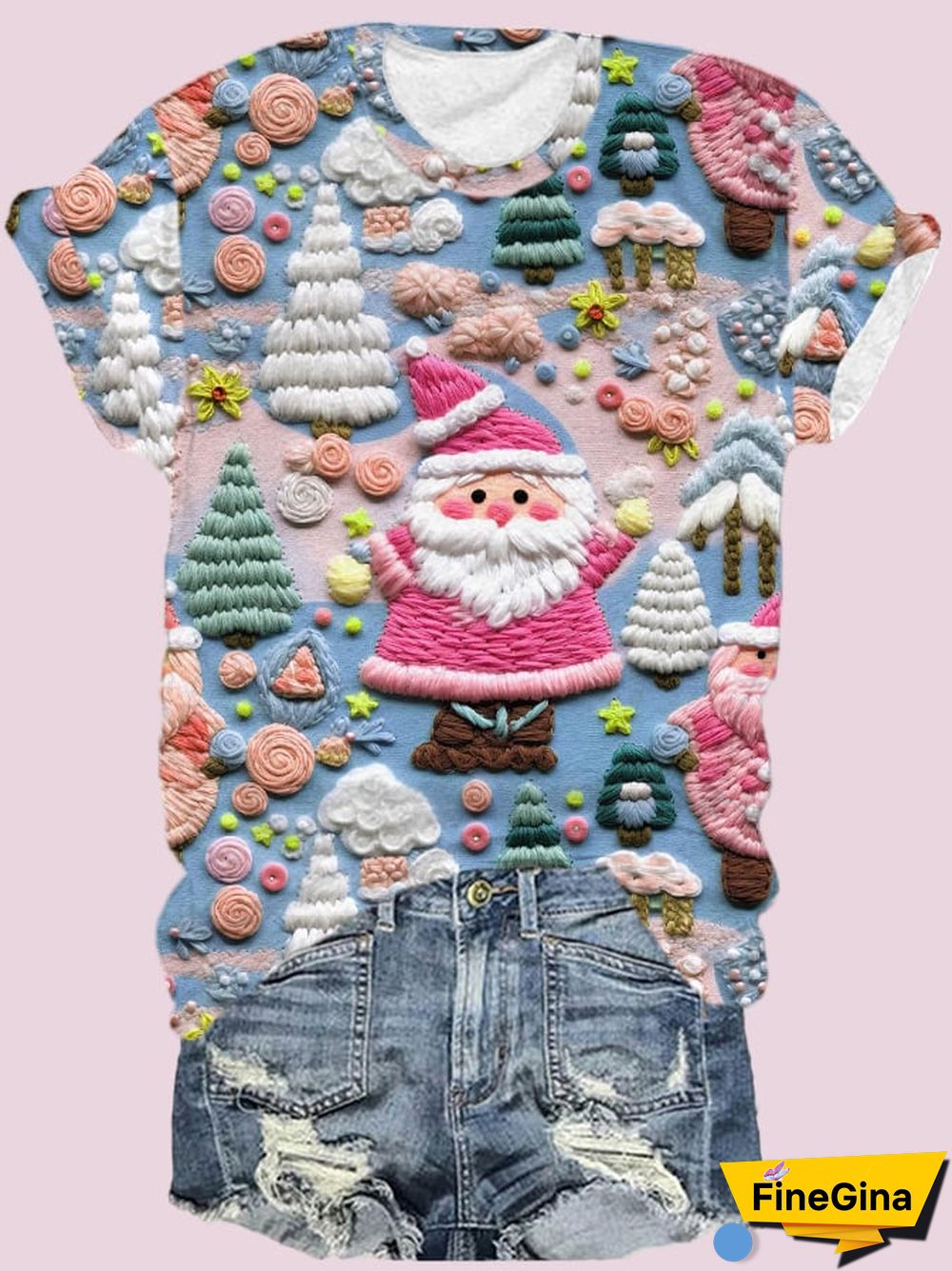 Women's Pink Santa Print Short Sleeve T-Shirt