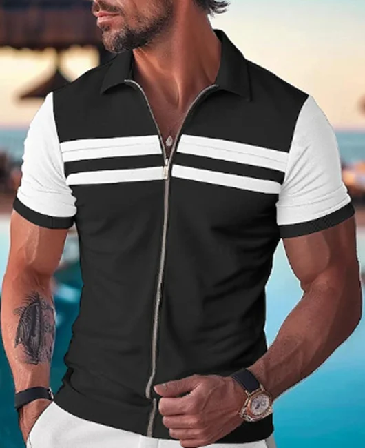 Casual Turndown Collar Contrast Stripe Zipper Shirt 