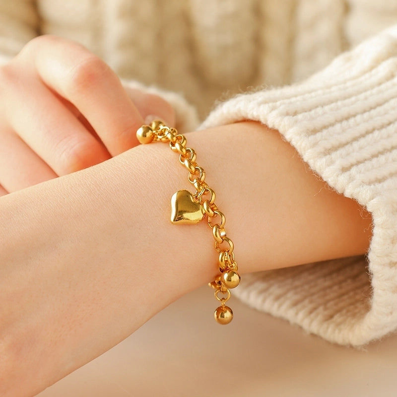 Casual Modern Style Minimalist Heart Shape 304 Stainless Steel 14K Gold Plated O-shaped Chain Multi Charms Bracelet Bracelets In Bulk