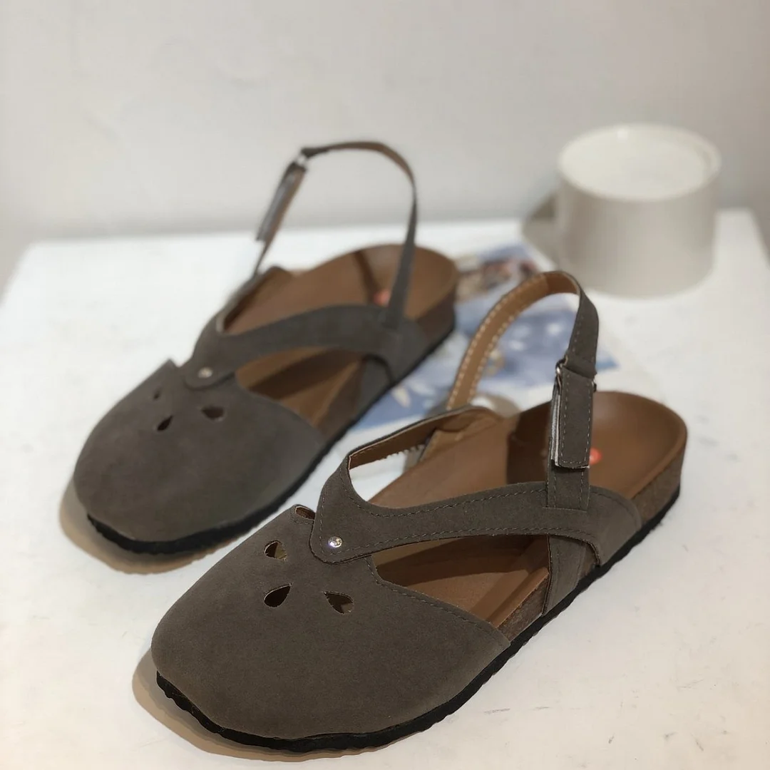 Breakj Breakj Retro Simple Hollowed-In-Head Sandals Women's One-Character Buckle With Flat Velvet Back Empty Single Shoes Wish