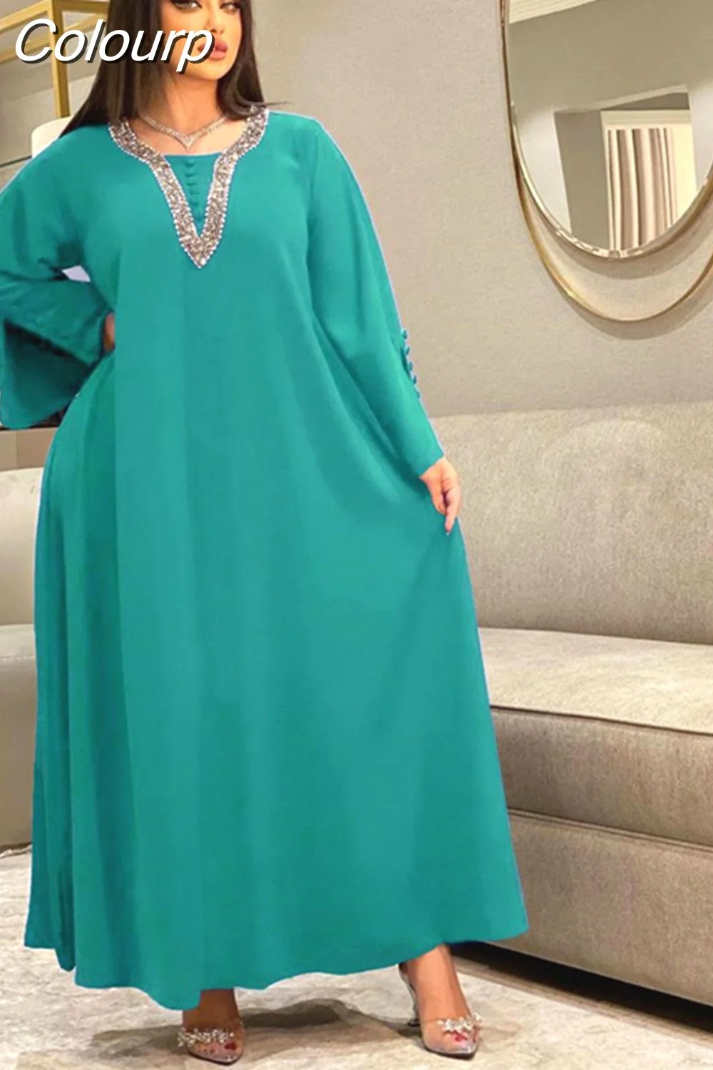 Colourp Dresses For Women Fashion Diamonds Button Decoration Long Sleeve Party Prom Dress Ramadan Muslim Women Clothing