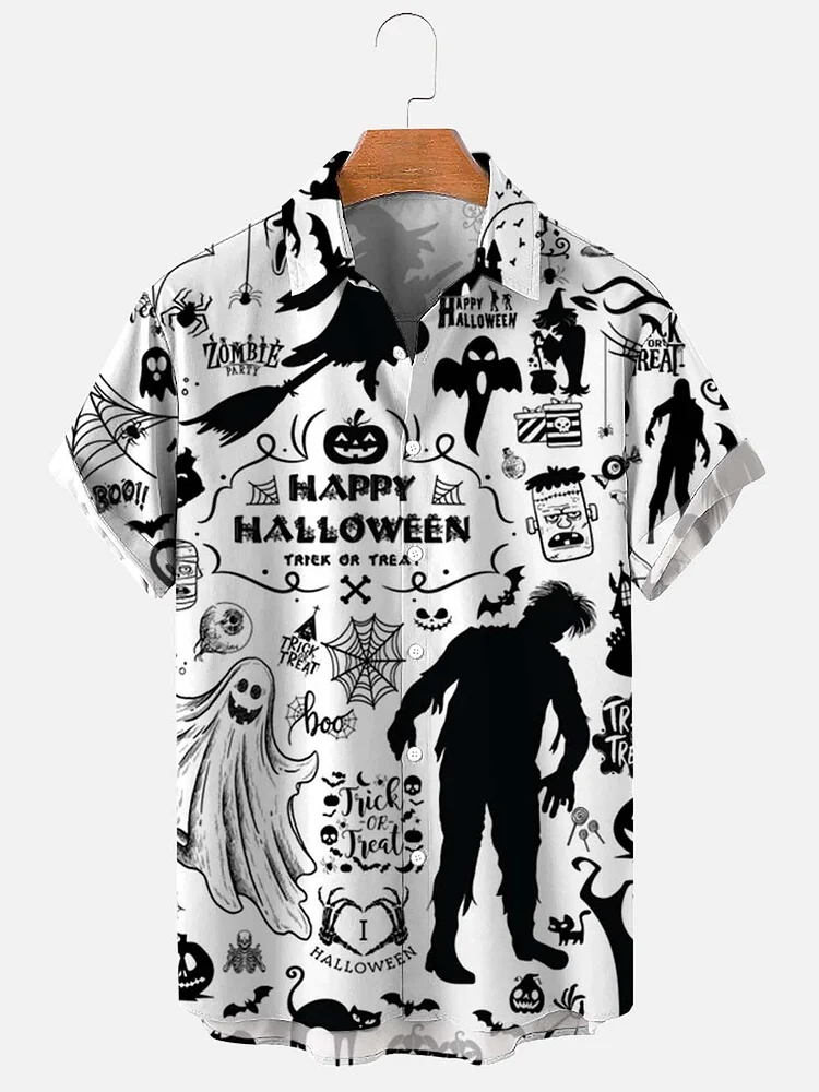Men's Halloween Party Print Casual Breathable Short Sleeve Hawaiian Shirt