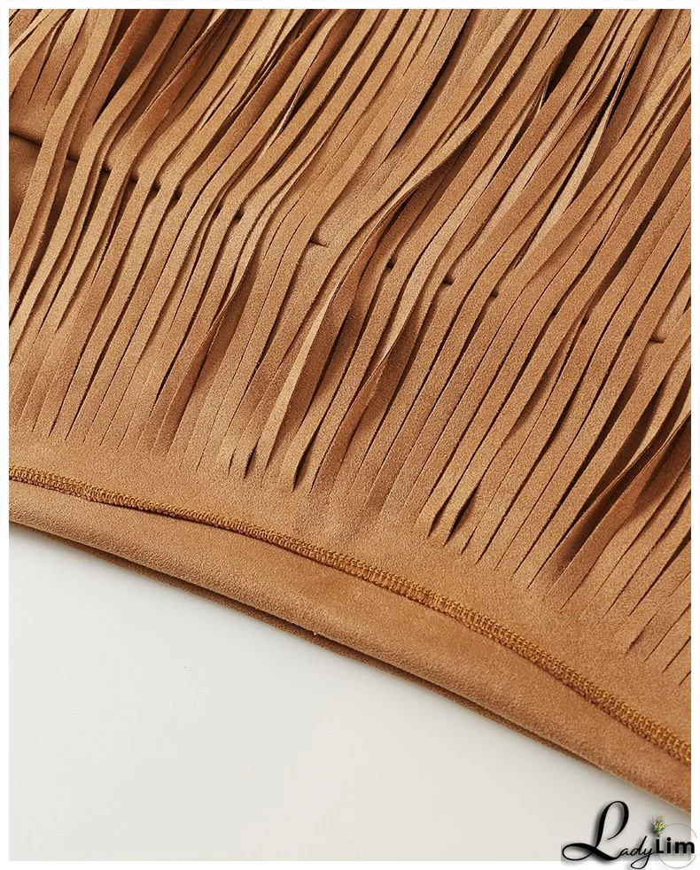 Vintage Solid Color Fringe Midi Suede Skirt