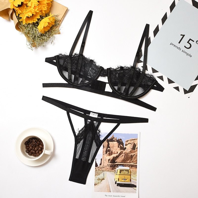 Yimunancy 2-piece Bra Set Women Hallow Out Bra +panty Sexy Underwear Lingerie Set