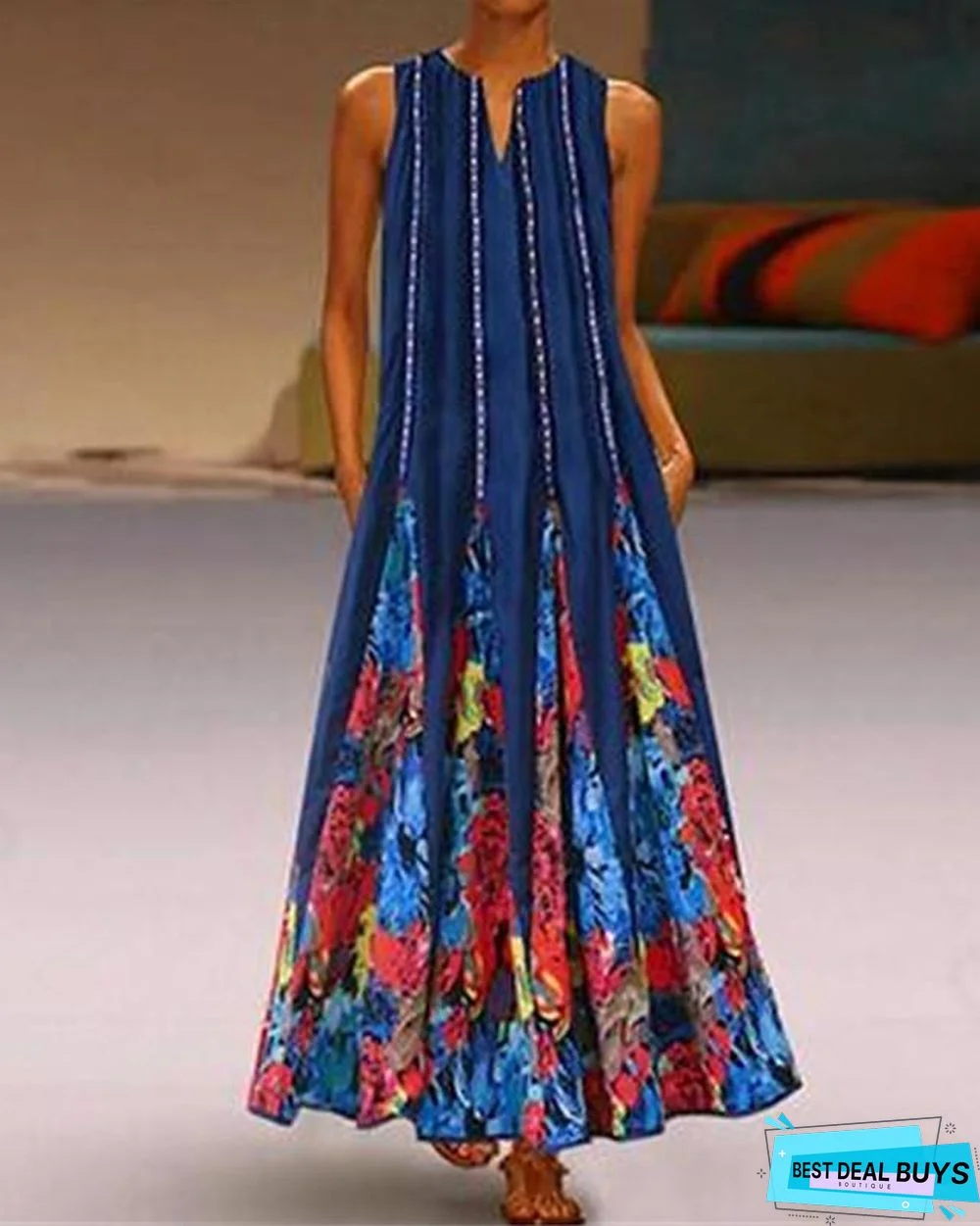 Women's Tunic Maxi Long Dress Sleeveless Tribal Print Summer Plus Size Hot Casual White Black Blue Red Green