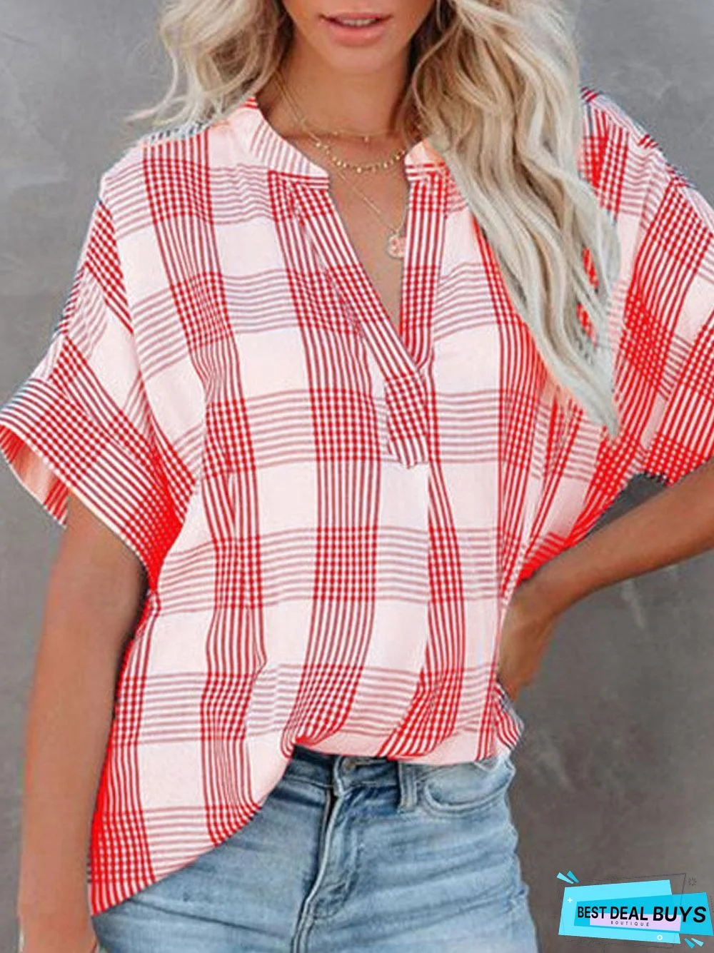 Check Print Casual Loose Short Sleeve Blouse