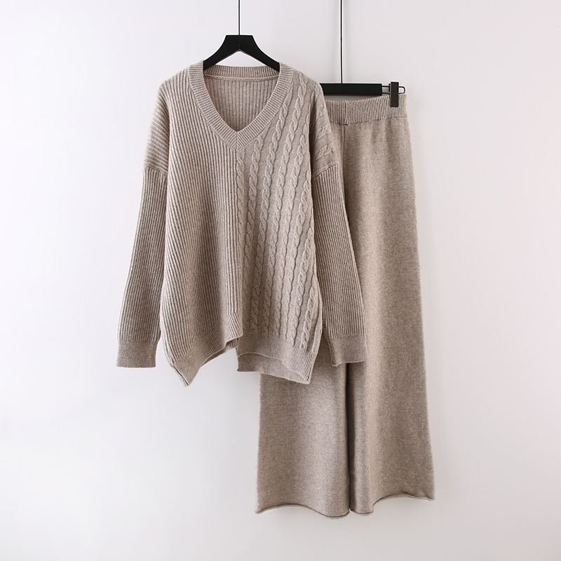 Rotimia Irregular sweater knitted wide-leg pants two-piece set