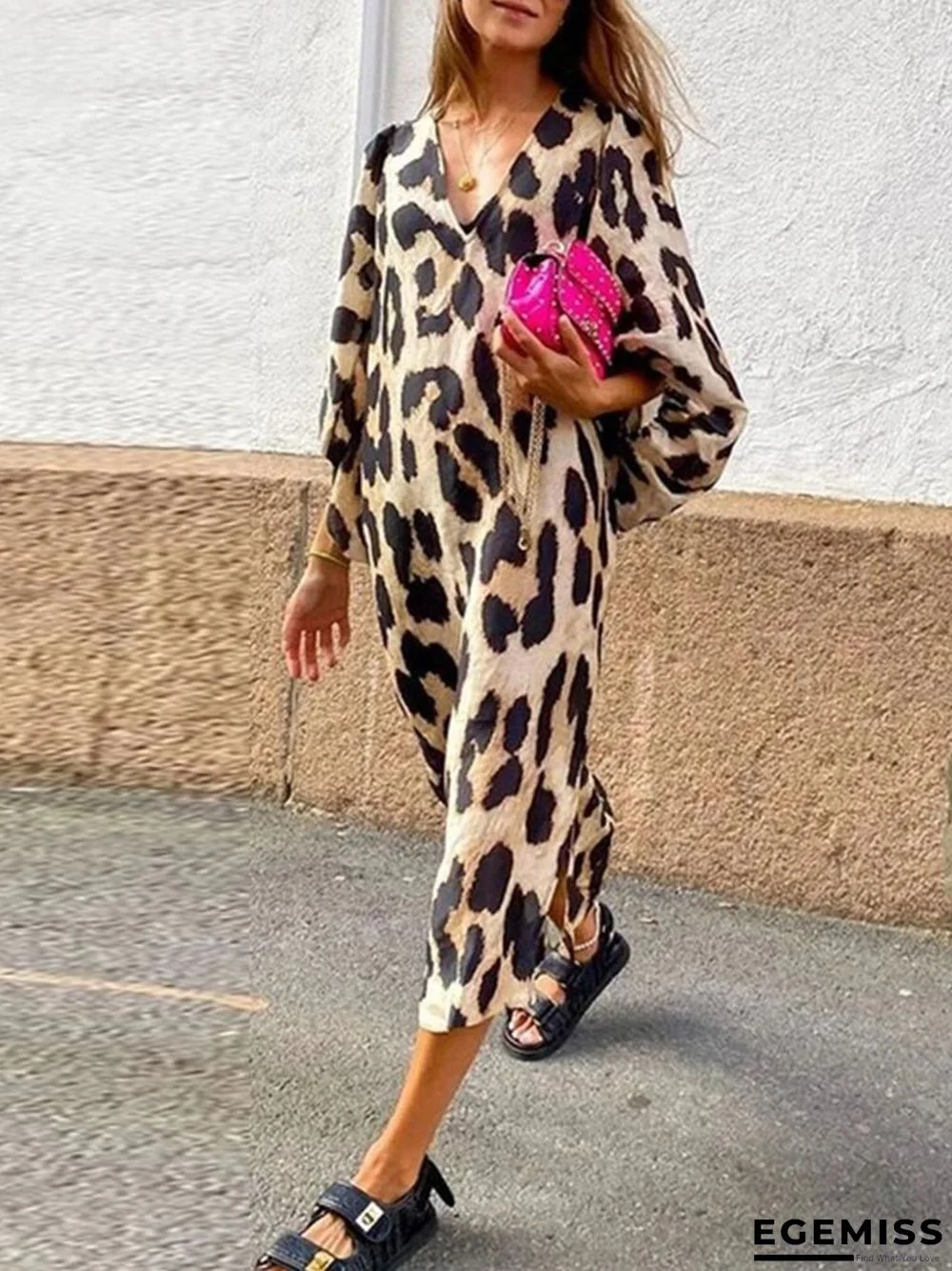 Fashion Leopard Print Loose Lantern Sleeve Dress Long Skirt | EGEMISS