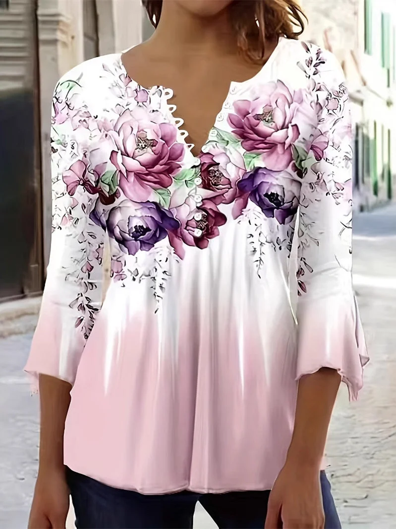 Women's 3/4 Sleeve V-neck Floral Printed Graphic Tops