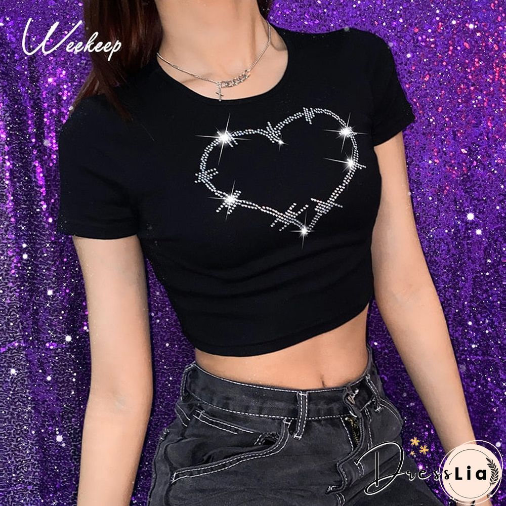 Weekeep Diamonds Patchwork Vintage Slim T-shirt Women Short Sleeve Summer Contrast Harajuku Cropped Tops Cotton Basic Tee Female