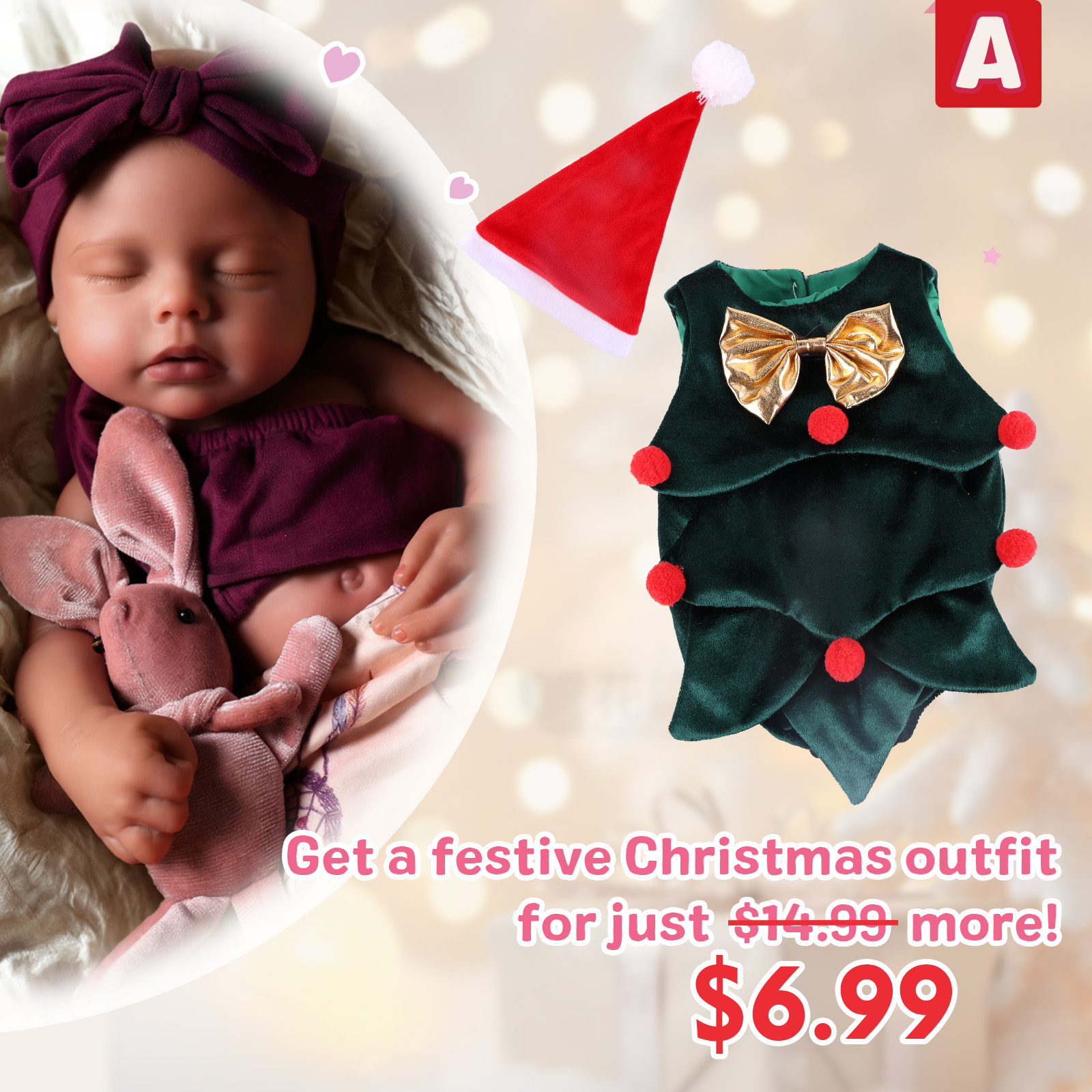 [Christmas Suit]Babeside Lucy 16'' Realistic Silicone Sleeping Baby African American Little Infant Girl Physical and Mental Accompaniment Christmas Set A-16 Inches-Girl