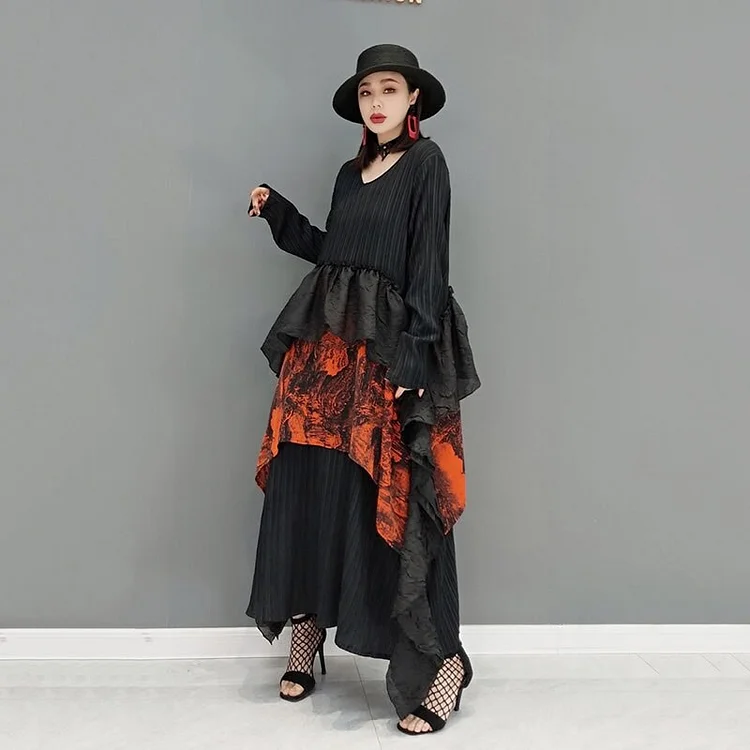 Loose Contrast Color Splicing Fungus Irregular Pleated Dress