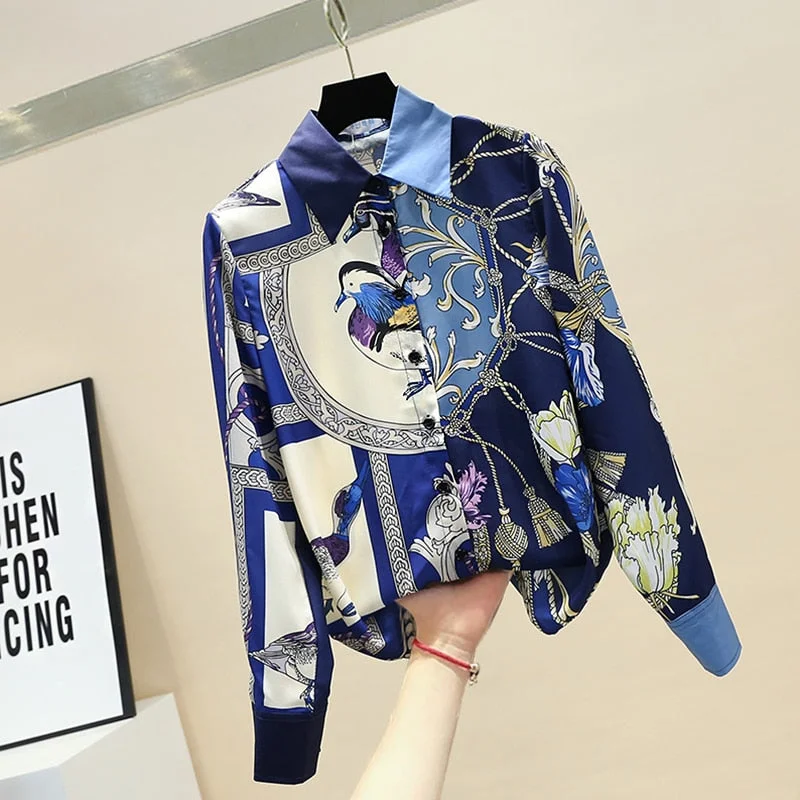 Spring Autumn Women's Printed Shirt Korean Retro Contrast Shirt Female Office Lady Turn-down Collar Long-sleeved Shirt GD488