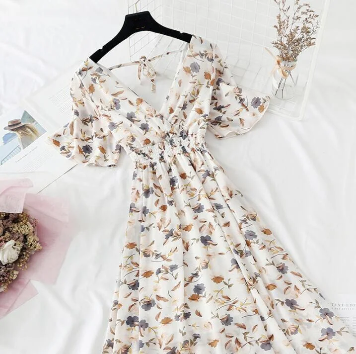 Summer Dress Vintage Floral Ruffles Women Print Short sleeve Chiffon Boho Dresses Mid-calf A-line Backless Sexy Dress Vestidos