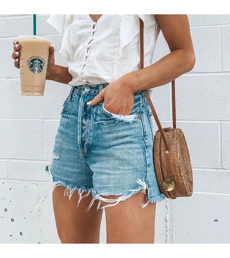 Women Irregular Tassels Hem Ripped Design Denim Shorts S-XL
