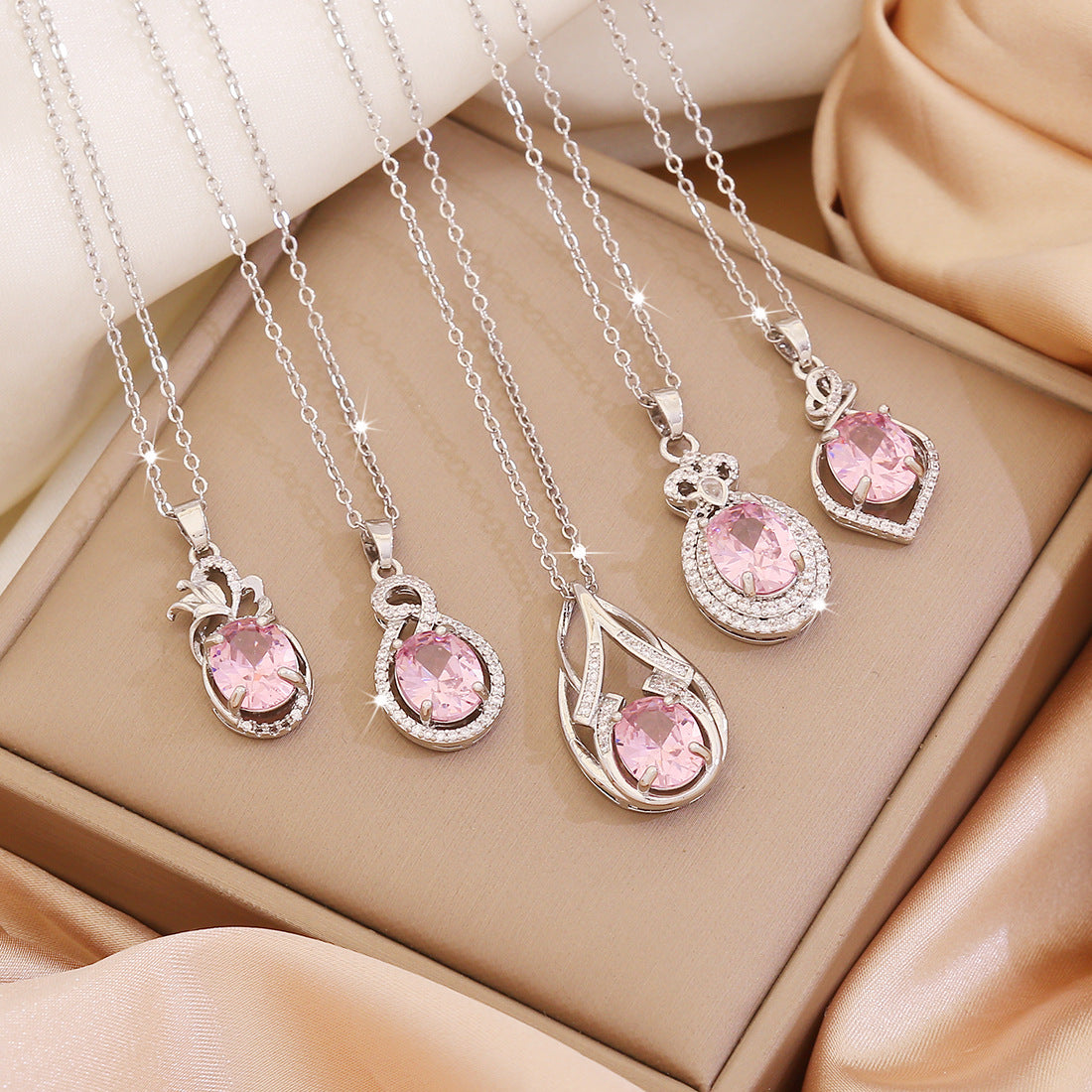 Pink Glass Pendant Stainless Steel Necklace Hot Sale N1489