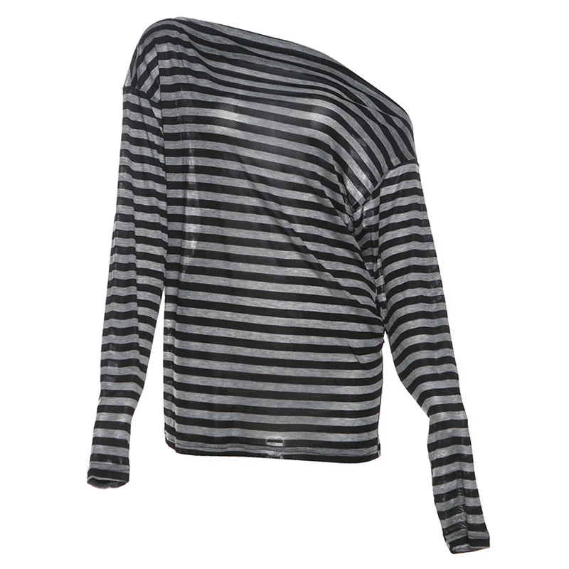 Ueong Ueong 2024 New Women's Commuter Unique Cut Diagonal Collar Off-Shoulder Striped Long Sleeve Top