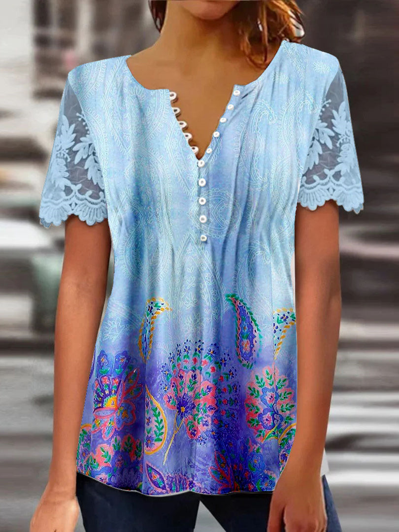 Women Long Sleeve V-neck Graphic Floral Printed Top
