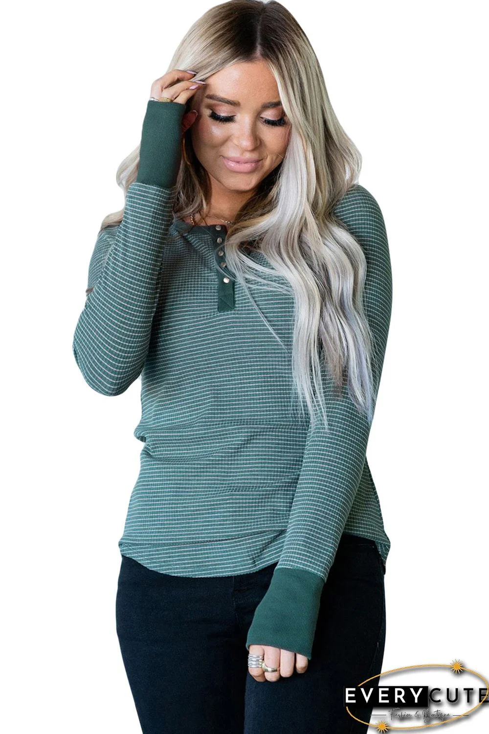 Green Striped Print Buttoned Waffle Knit Long Sleeve Top