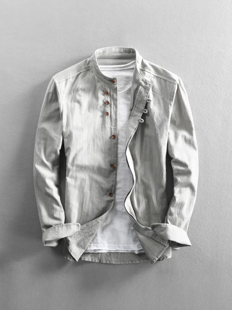 Nigikala Nigikala 2025 New Men's Casual Linen Shirt Gentlemen's Wind Collar Wish Cotton T-Shirt