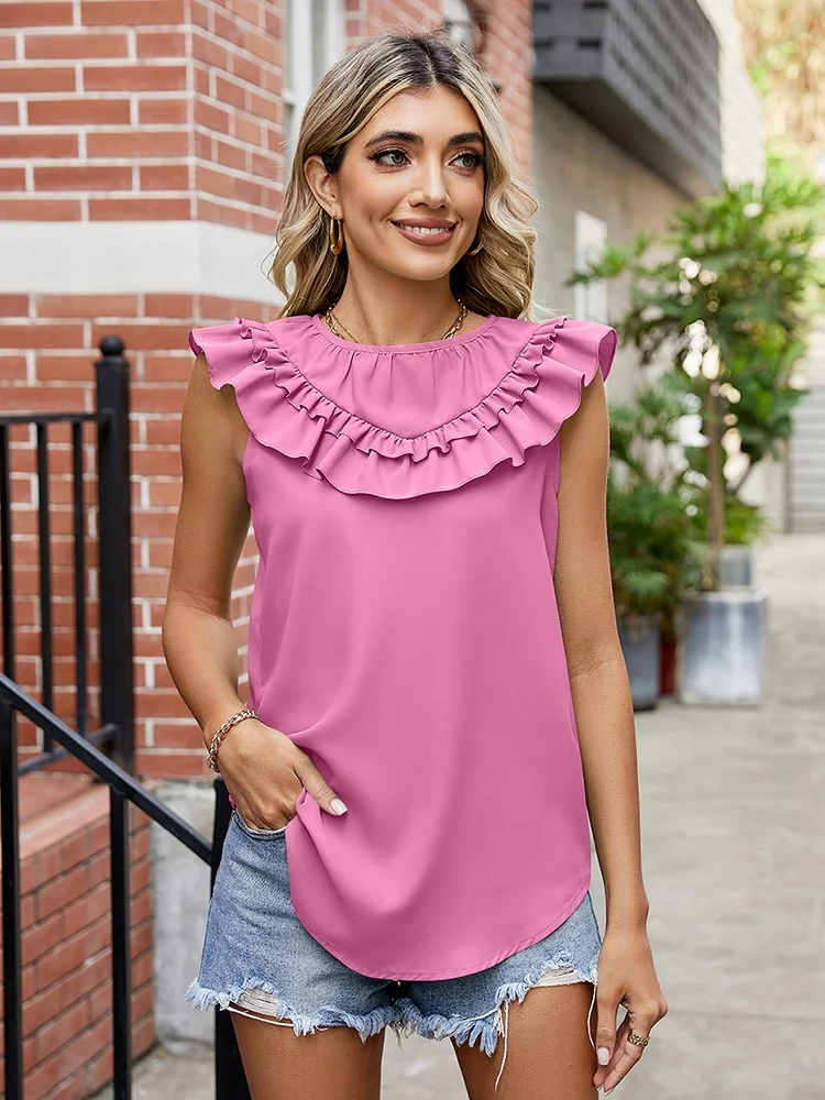 Summer Sleeveless Blouses For Women 2023 New Fashion Ruffles O Neck Plus Size Casual Tops Office Work Lady Chiffon Shirt