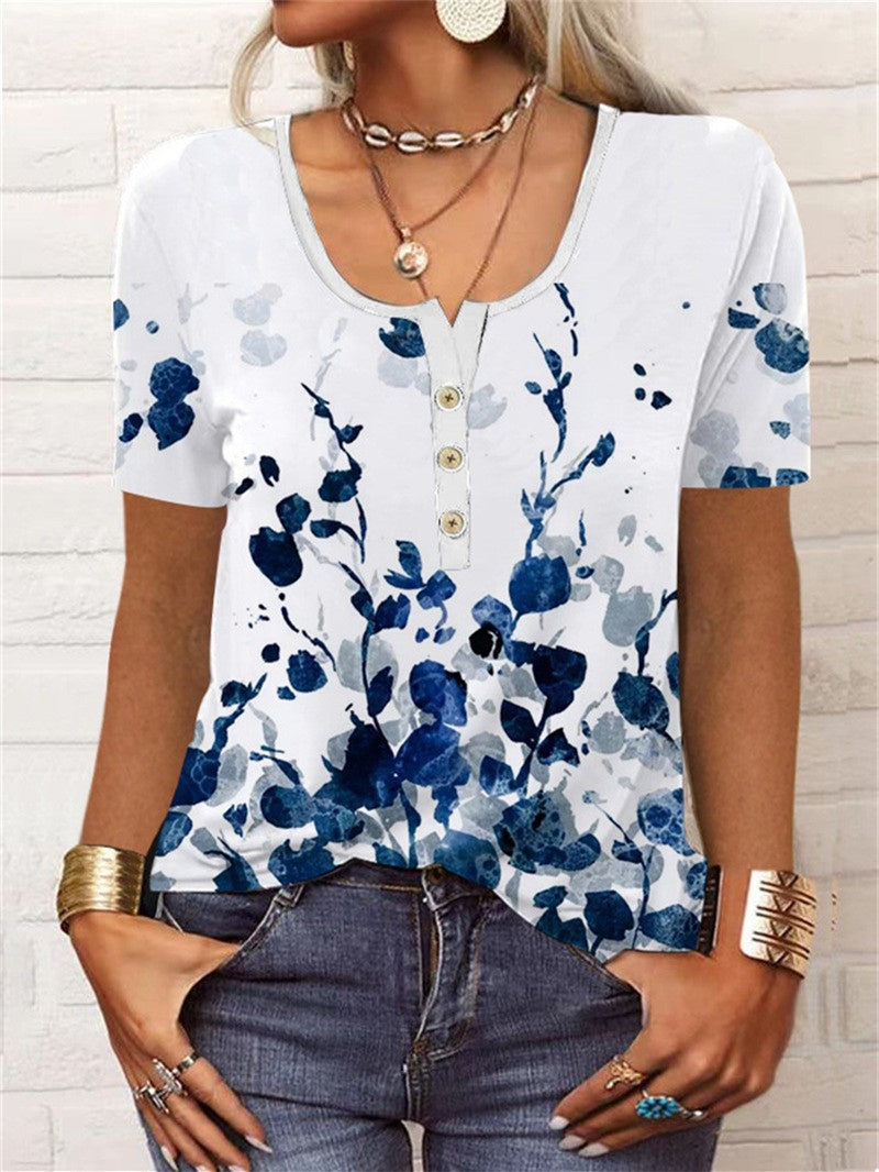 Women Long Sleeve V-neck Graphic Floral Printed Top