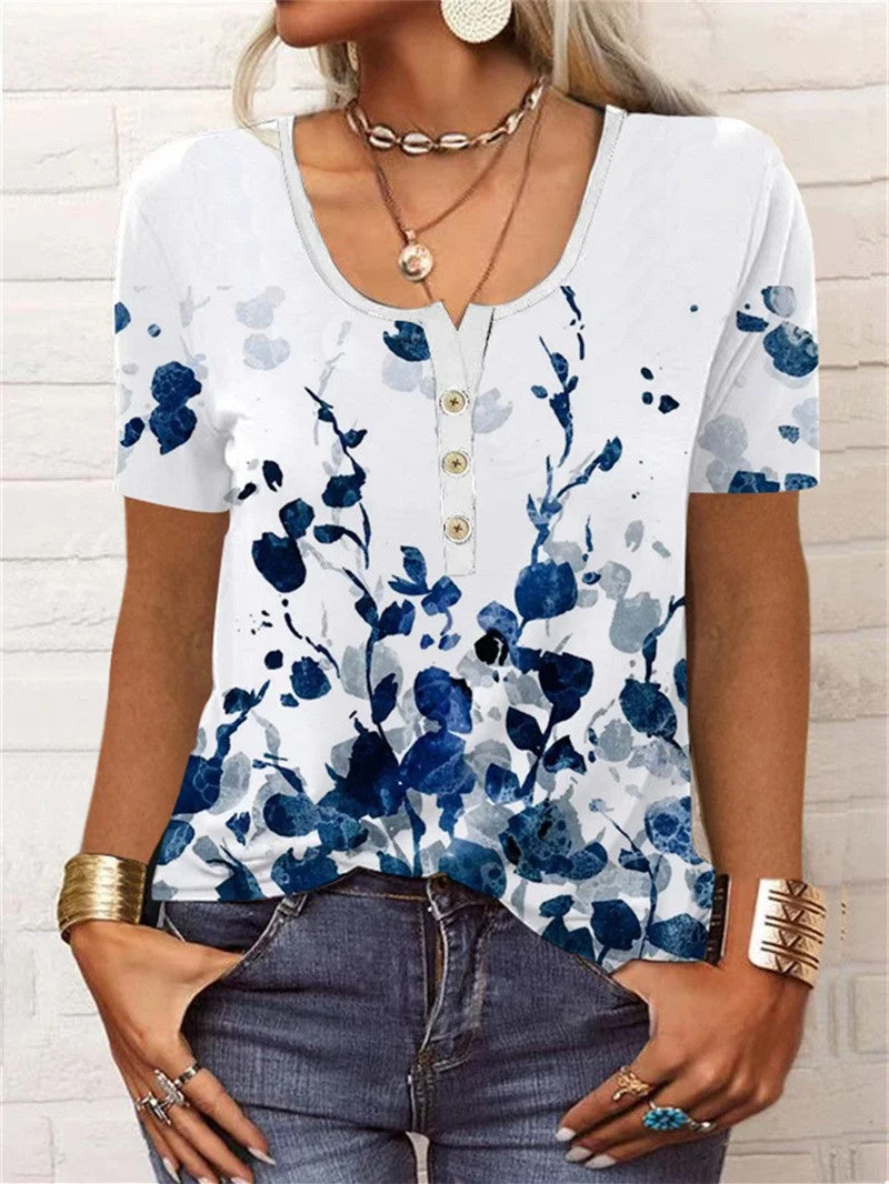 Women's Short Sleeve Round Neck Floral Print Casual Top T-Shirt
