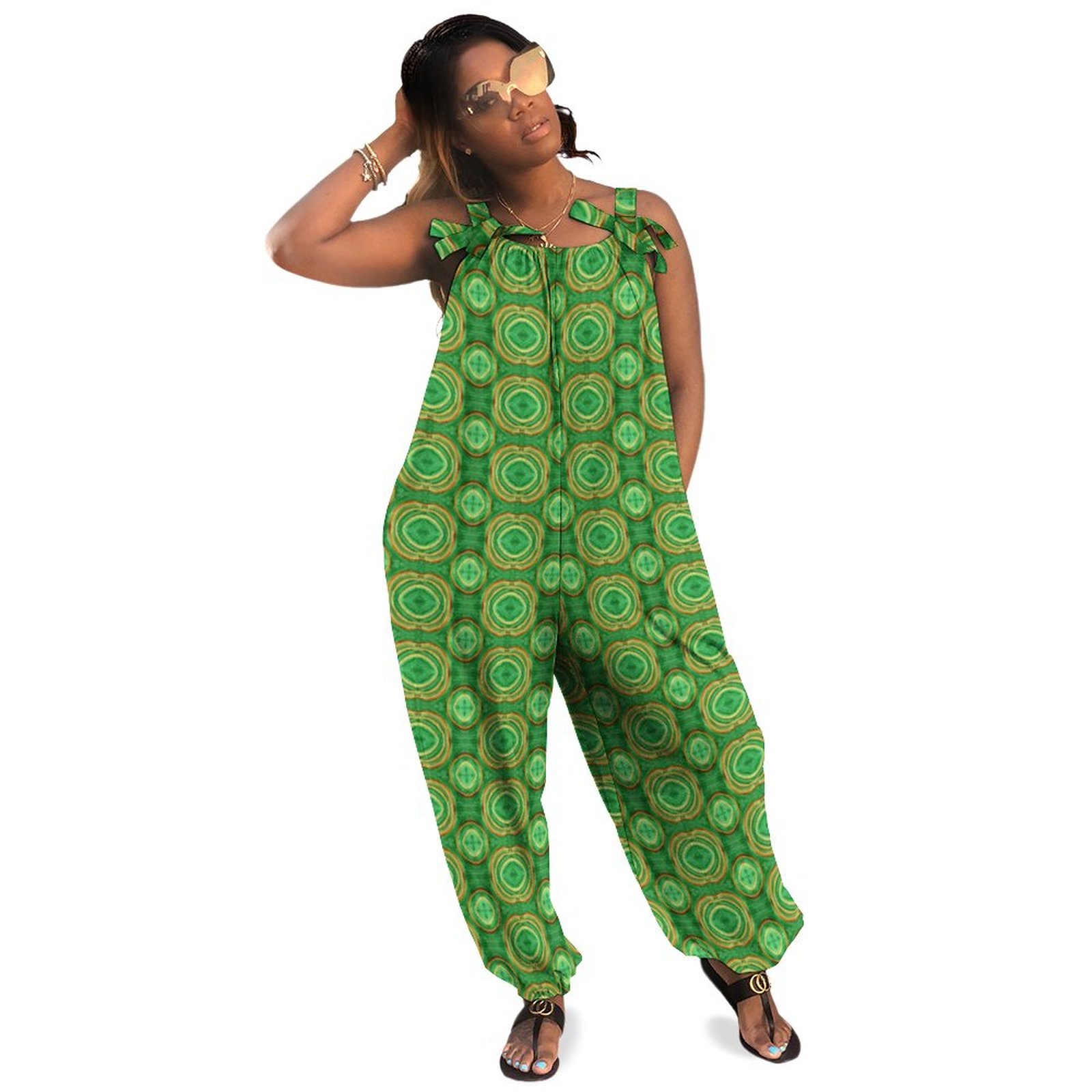 Abstract Green Circle Elements Pattern Women Plus Size Jumpsuit Summer Loose Harem Pants Casual Long Length Sequin Romper Polyester Spandex