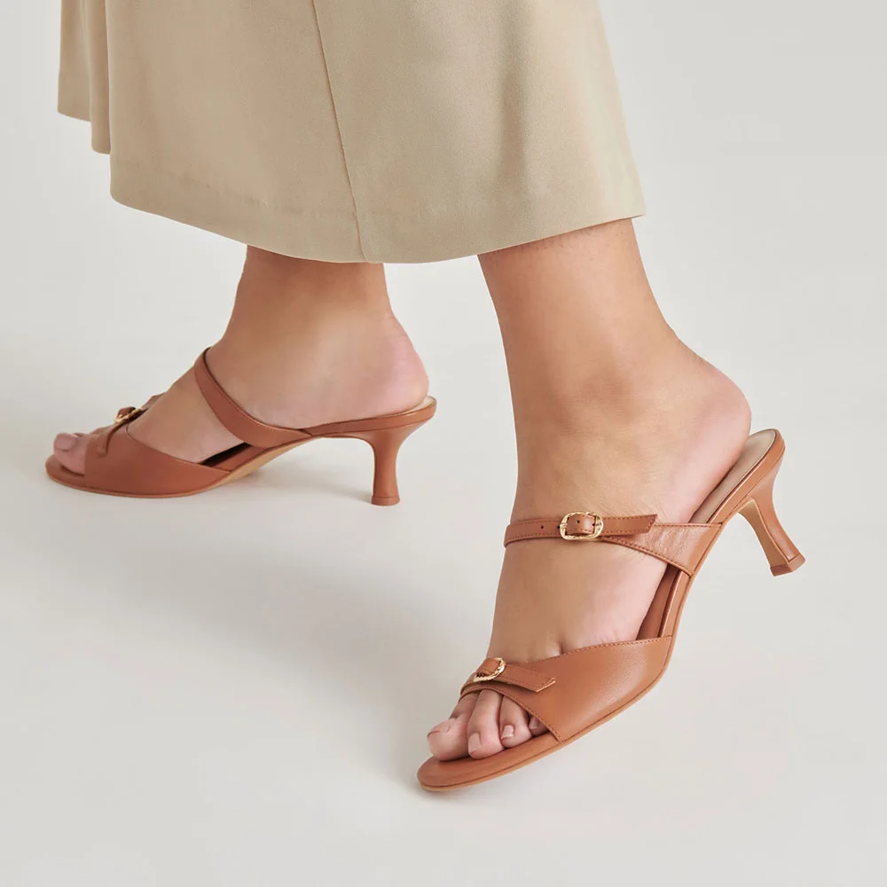 Brown Vegan Leather Buckle Kitten Heel Open-Toe Slide Shoes for Women