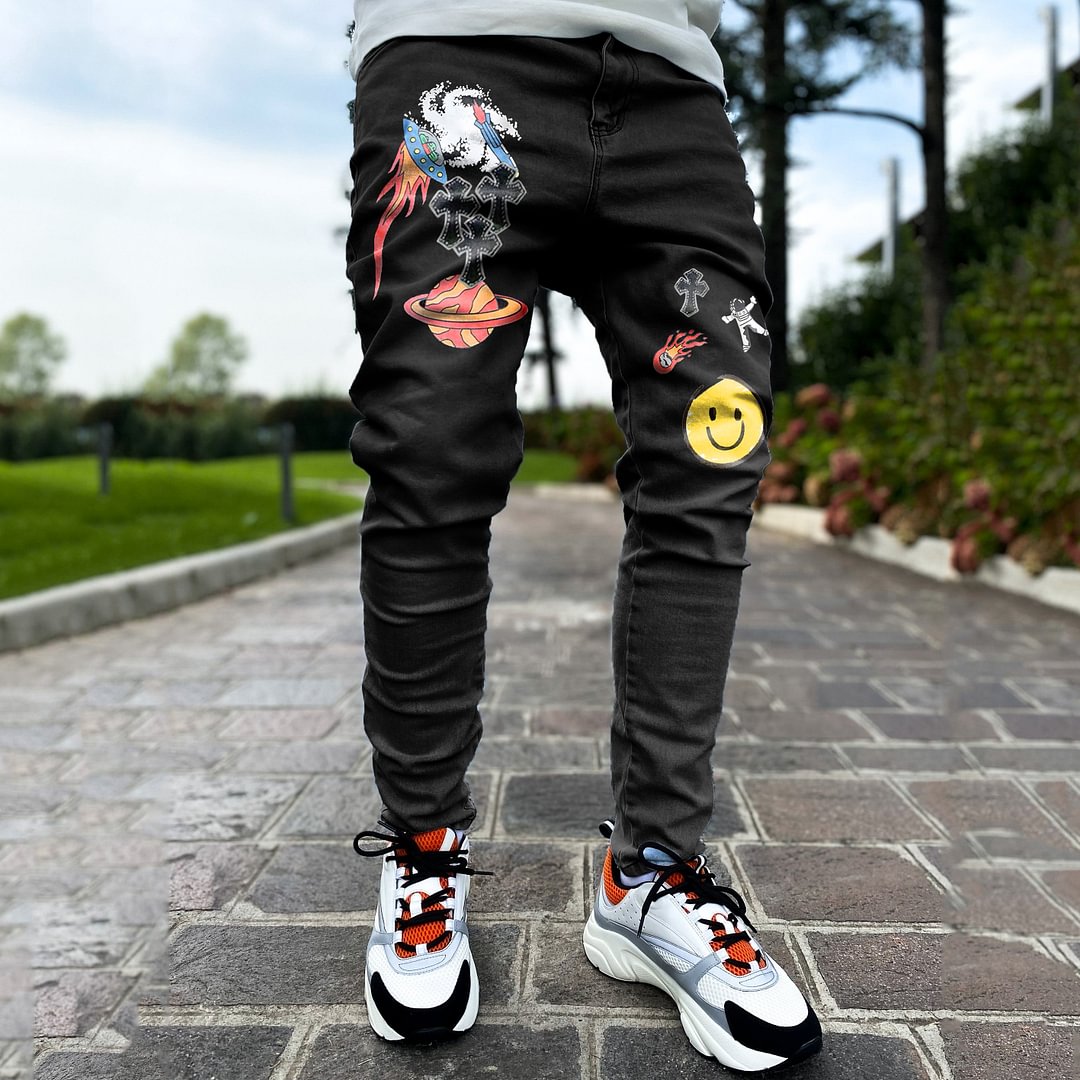 Smiley cross astronaut hip-hop graffiti print jeans trousers