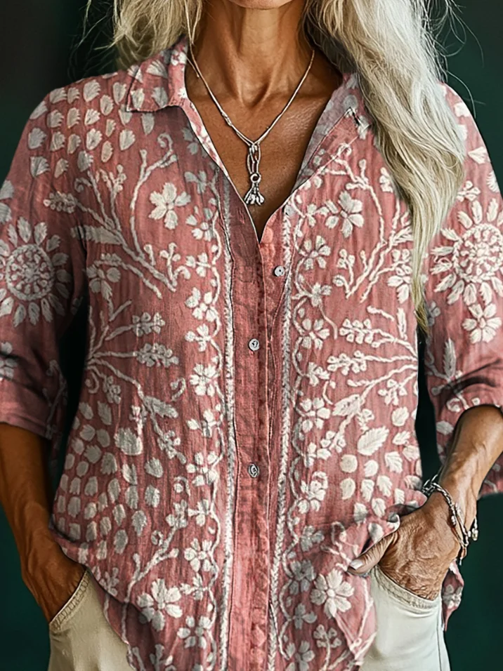 Women's Vintage Ethic Floral Art Print Casual Cotton Shirt