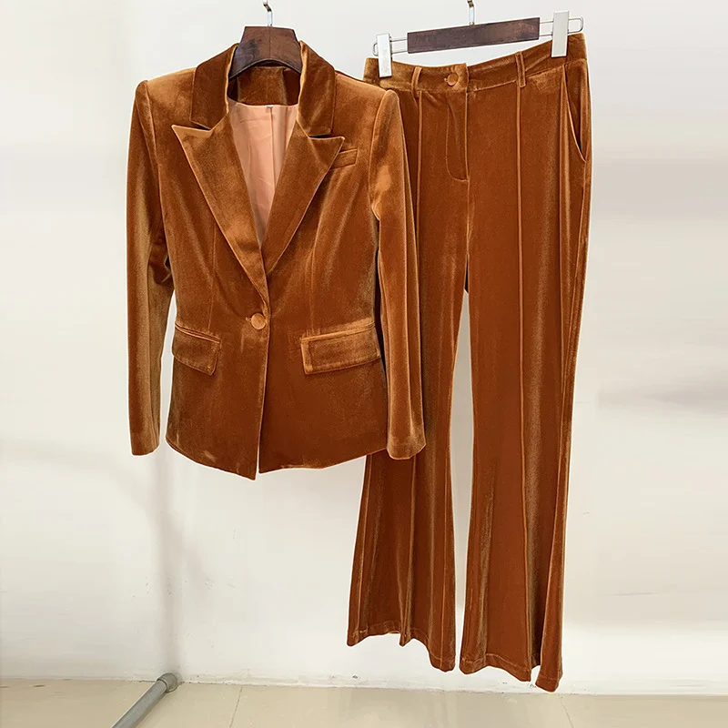 Nigikala Nigikala And Winter 2025 New Women's Professional Fashion A Buckle Gold Velvet Suit Jacket + Horn Pants Set Two Sets