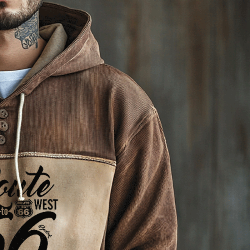 Men's Route66 Corduroy Splicing And Contrasting Colors Hoodie