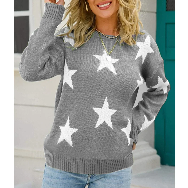Wongn Wongn Women's Fashion Autumn And Winter New Sweater Long Sleeve Round Collar Knit Jumper Five-Pointed Star Loose Casual Women's Clothing