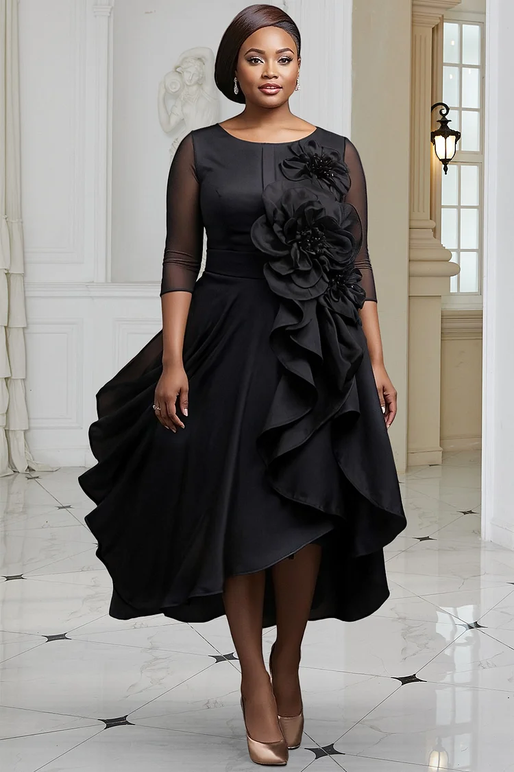 Xpluswear Design Plus Size Formal Black Round Neck 3/4 Sleeve 3D Elegant Asymmetric Hem Midi Dresses [Pre-Order] 2024 - Xpluswear