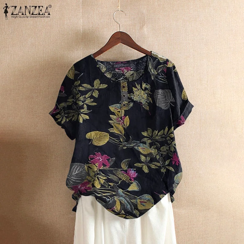 ZANZEA Tunic Cotton Chemise Women Summer Floral Printed Short Sleeve Blouses Holiday Tops 2022 Causal Loose Shirt