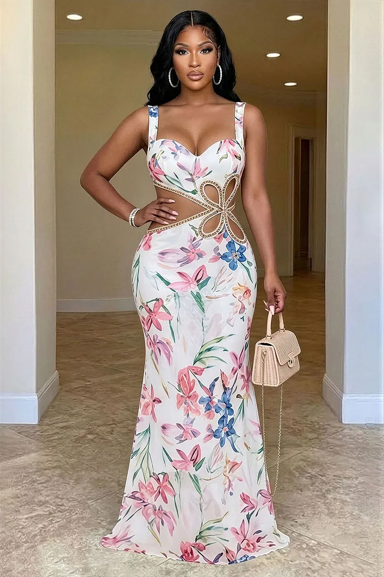 Floral Wide Strap Front Cut Out Mermaid Maxi Dresses-Multicolor [Pre Order]