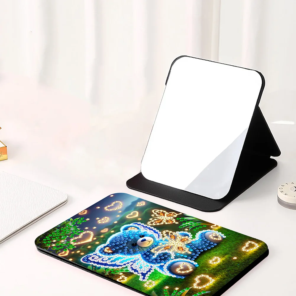 DIY Diamond Art Shiny Crystal Mirror Lightweight Standing Makeup Mirror (Bear)