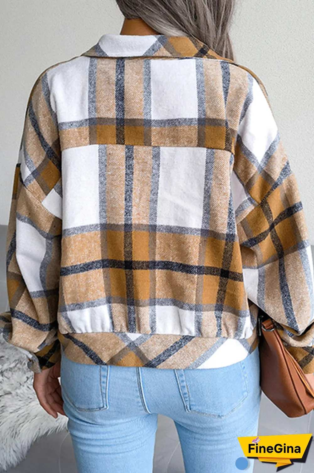 Casual Plaid Patchwork Buckle Turndown Collar Outerwear(3 Colors)