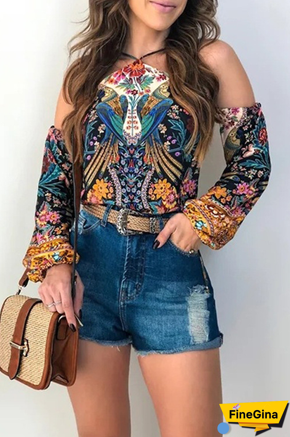 Fashion Casual Print Split Joint Backless Halter Tops