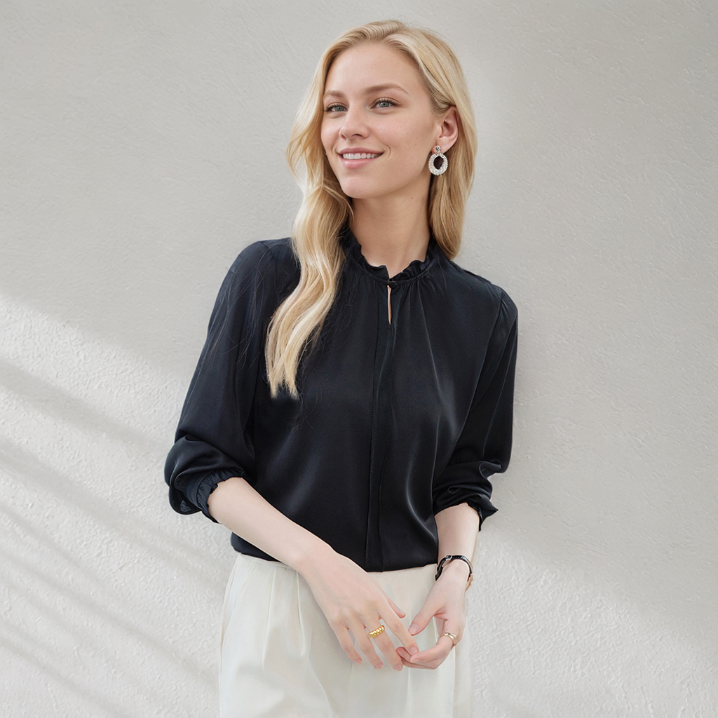 Silk Shirt Ruffle Collar For Office Lady REAL SILK LIFE