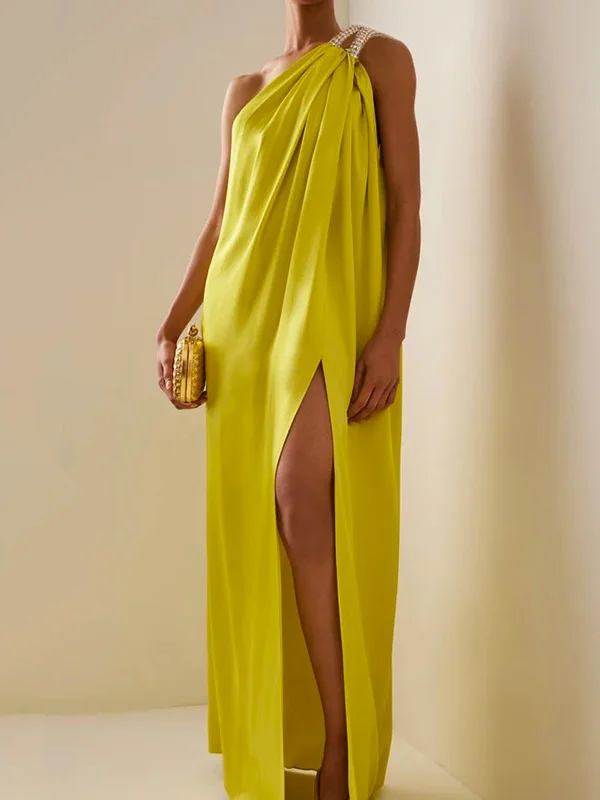 Loose Sleeveless Solid Color One-Shoulder Maxi Dresses