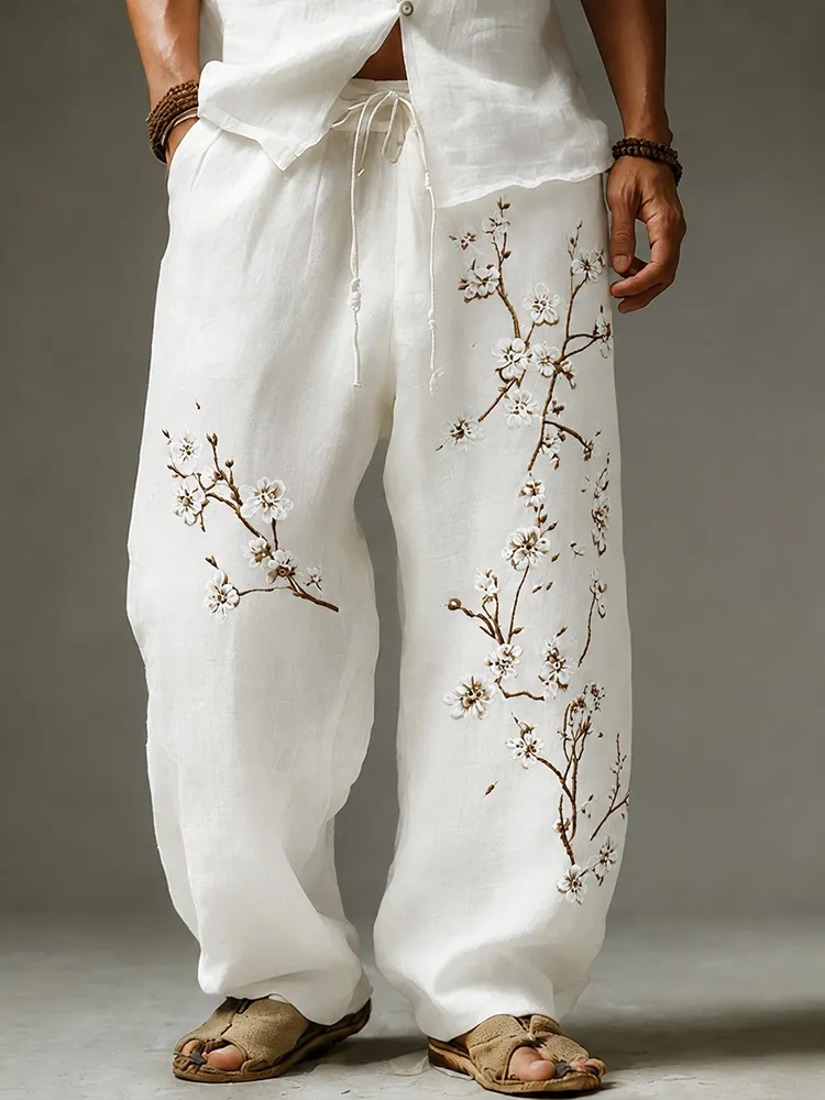 Men's Classy White Almond Blossom Embroidered Linen Pants