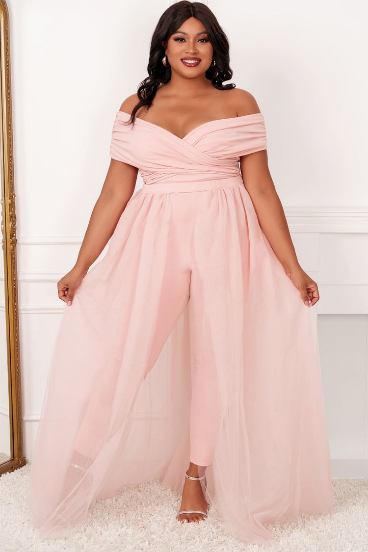 Xpluswear Design Plus Size Formal Pink Off Shoulder V Neck Tulle Jumpsuit (With Tulle Skirts)