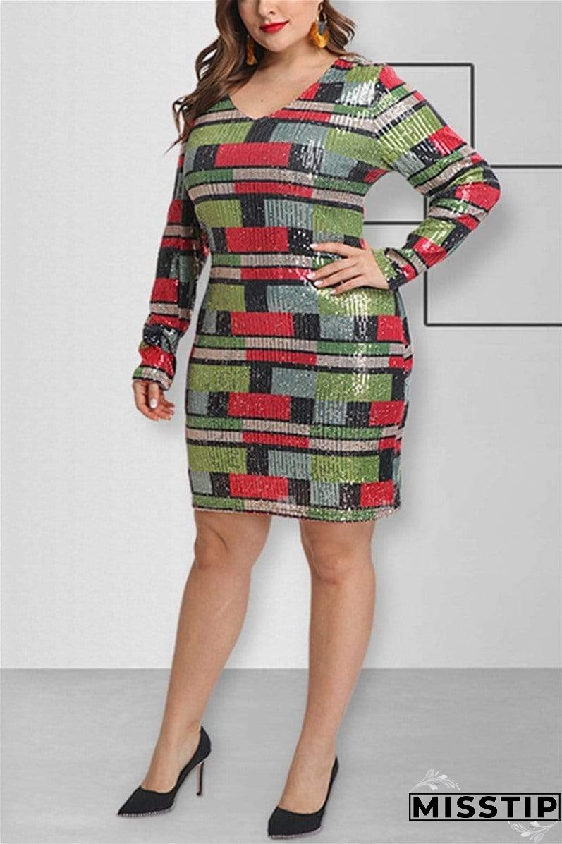 Fashion V Neck Sequin Plaid Dress