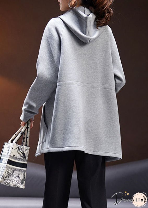 Plus Size Black Drawstring Zippered Hooded Coat Fall