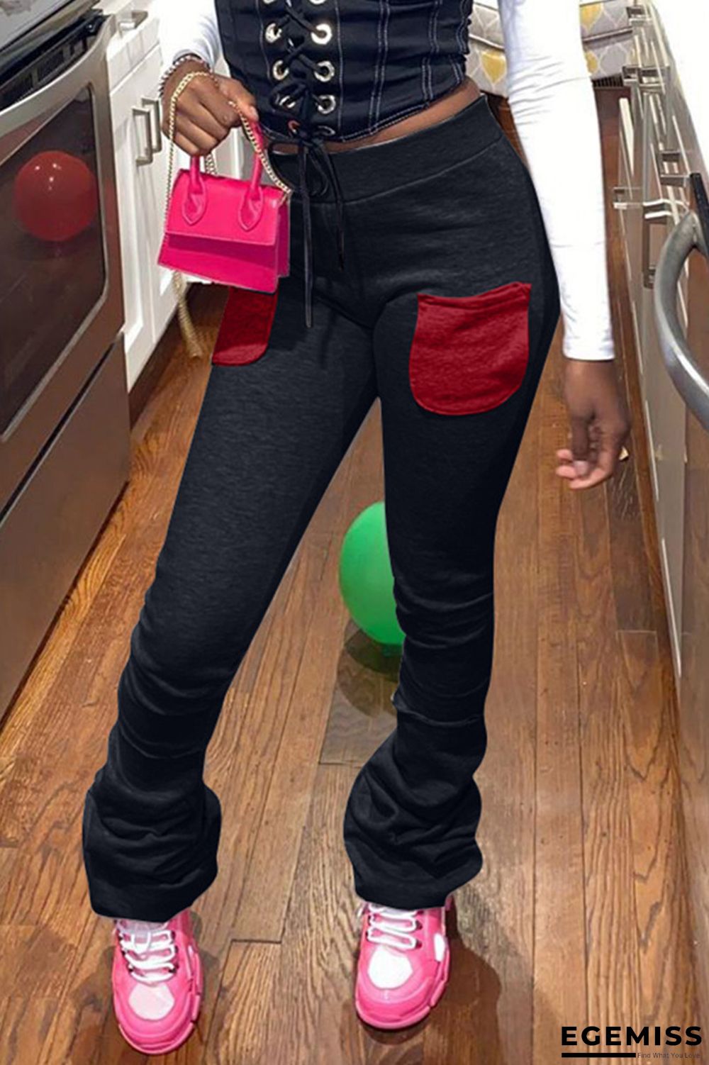 Black Fashion Casual Mid Waist Slim Trousers | EGEMISS